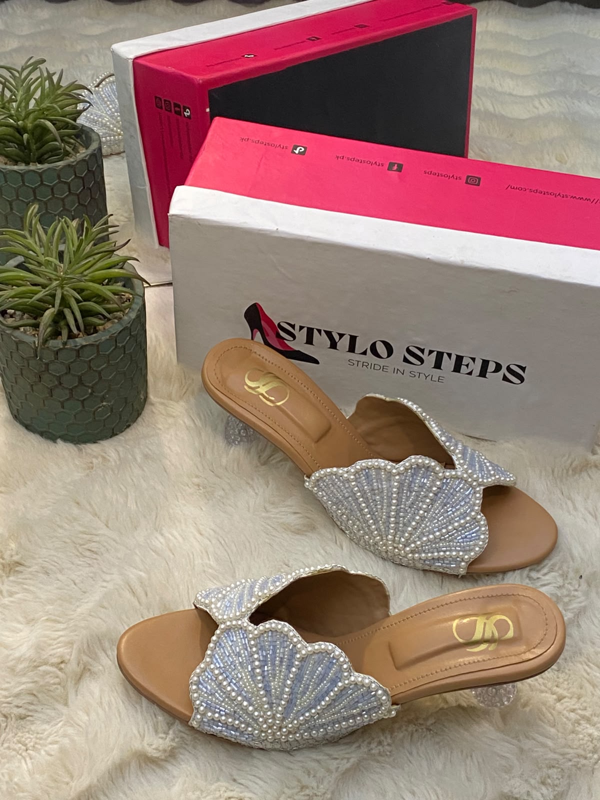 Pearl Sensation Embellished Mule Heels